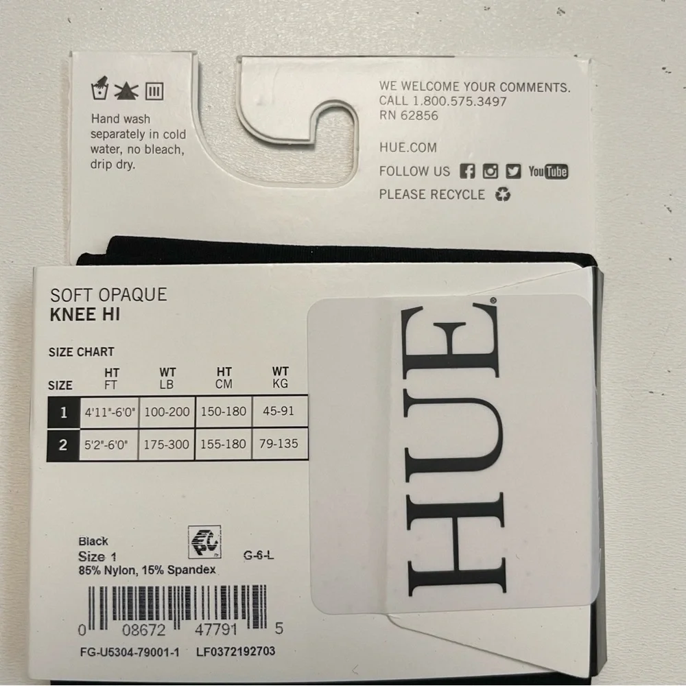 Hue Knee Hi Socks Comfort Top Soft Nylon Opaque Black Size 1